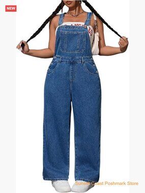 Women's Plus Size Denim Overall Jumpsuit Straight Leg with Pockets